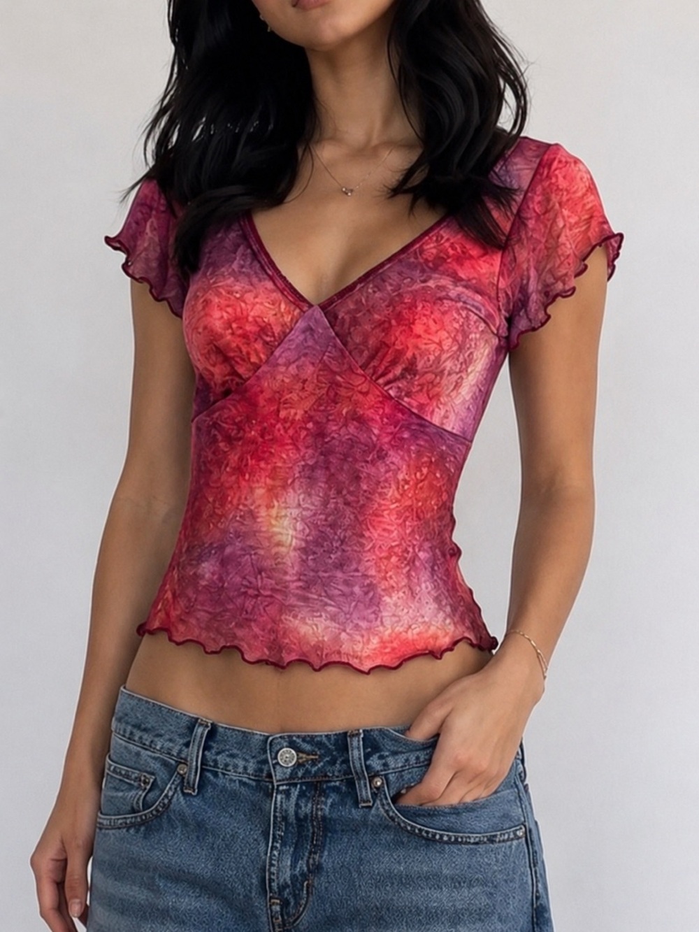 Vintage Y2K Garage Sheer Mesh Babydoll Top Sz S Fairy Grunge Tie Dye Burnout
